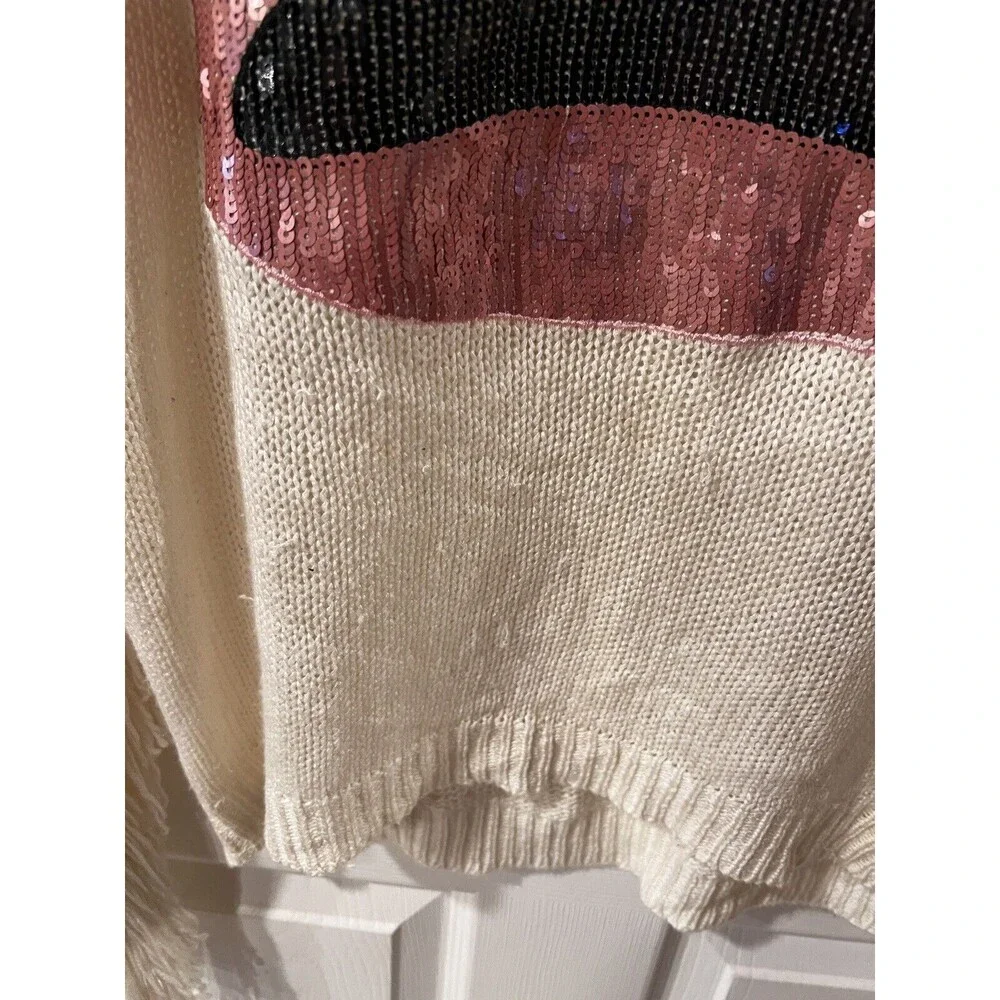 Boutique REHAB Lips Pullover SWEATER Womens SZ M Ivory Fringe Sequin grunge edgy